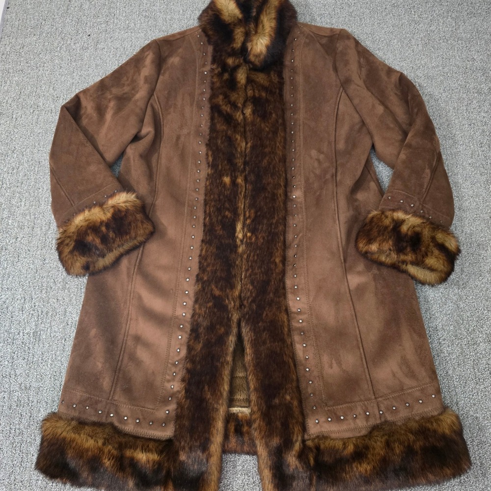 Dressbarn Penny Lane Faux Suede Fur Trim Coat Studded Boho Western XL